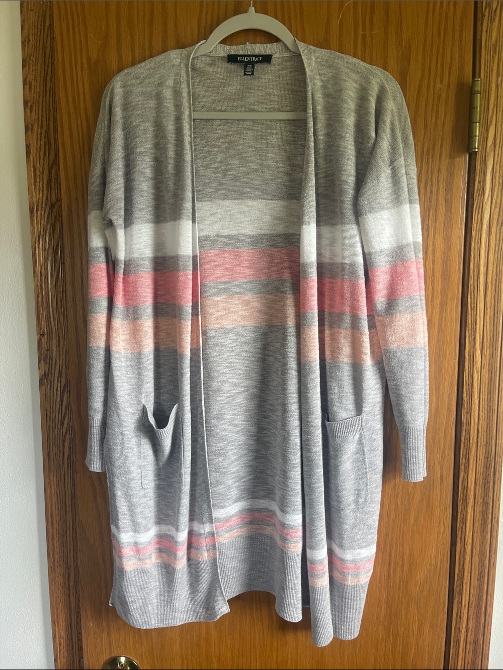 Ellen Tracy Gray Open-Front Cardigan with Pink and Peach Stripes